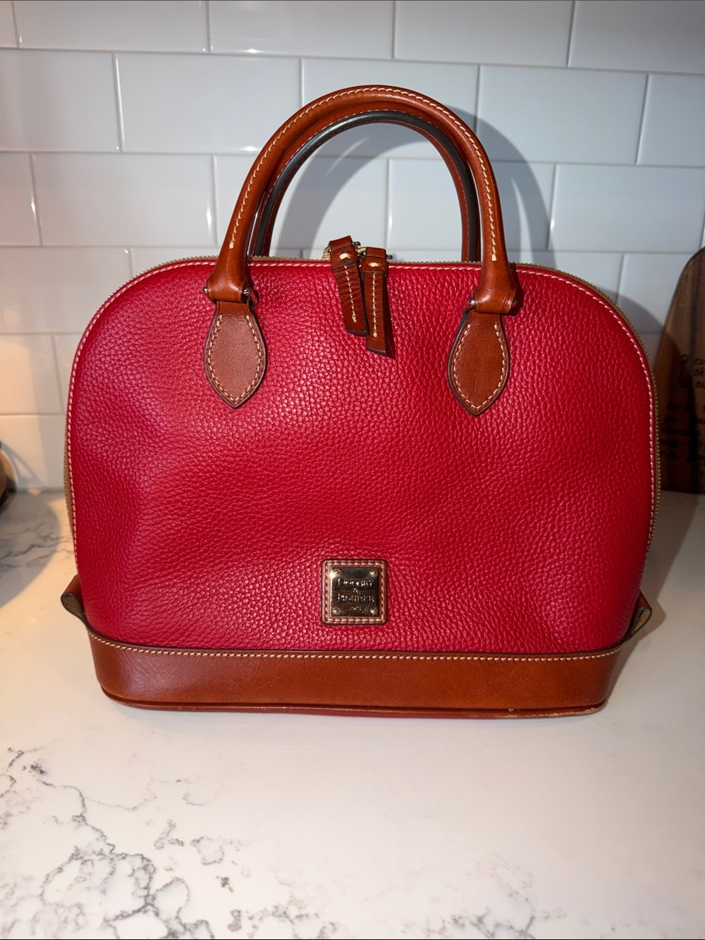 Dooney & Bourke Red Pebbled Leather Satchel with Brown Trim